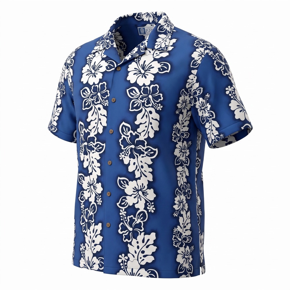 RJC Hawaiian Shirt Mens 2XL Blue White Hibiscus Floral Aloha Camp Button Up